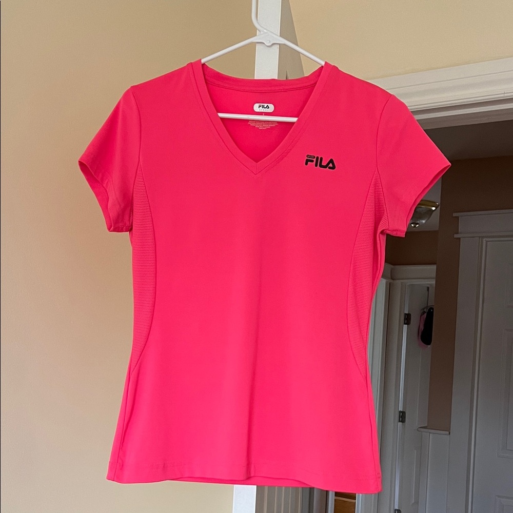 FILA Women's Hot Pink Short-Sleeve V-Neck Top